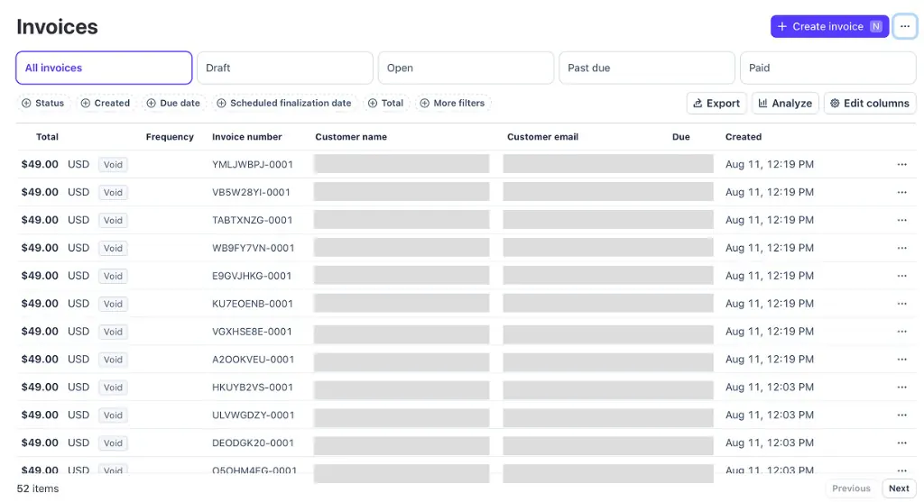 Stripe Invoices dashboard showing dozens of voided $49 CodeProbe invoices