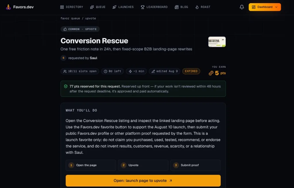 Favors.dev upvote task for Conversion Rescue, requested by Saul